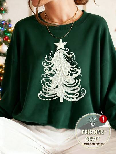 EMERY ROSE Pearl 3D Print Christmas Tree & Gift Round Neck Long Sleeve Women Casual T-Shirt, Printed Pattern Homewear T-Shirt
