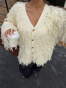 Ritzy Row Women's Casual V-Neck Metal Button Elegant Tassel Drop Shoulder Cardigan Sweater Fringe Cardigan Women Knitted Fringe Sweater Fringe Tops Fringe Clothing Women Summer Sweaters For Women - Beige - View 5