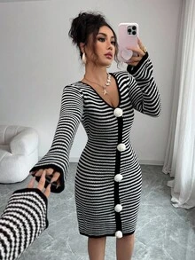 Rafferiza French Retro Vacation Casual Chic Minimalist Daily Versatile Spring Autumn Winter Women's Long Sleeve V-Neck 3D Floral Hand-Knitted Contrast Color Black & White Striped Flared Sleeve Midi Sweater Dress - Black and White - View 5