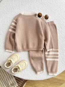 Souflis Souflis Set Kasual Bayi Laki-laki Motif Ksatria dengan Sweater Lengan Raglan Bergaris dan Celana Rajut, Musim Gugur/Dingin - Khaki - View 2
