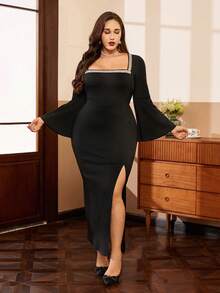 SHEIN Clasi 大码女式亮片拼接喇叭袖修身连衣裙 - 黑色 - 查看 1