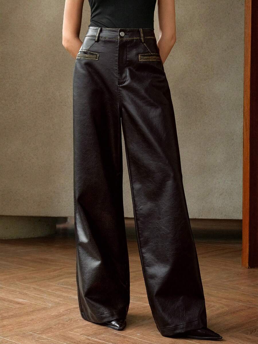 Anewsta Petite Women's Elegant & Fashionable Leather Pants, Autumn/Winter - Black - View 1