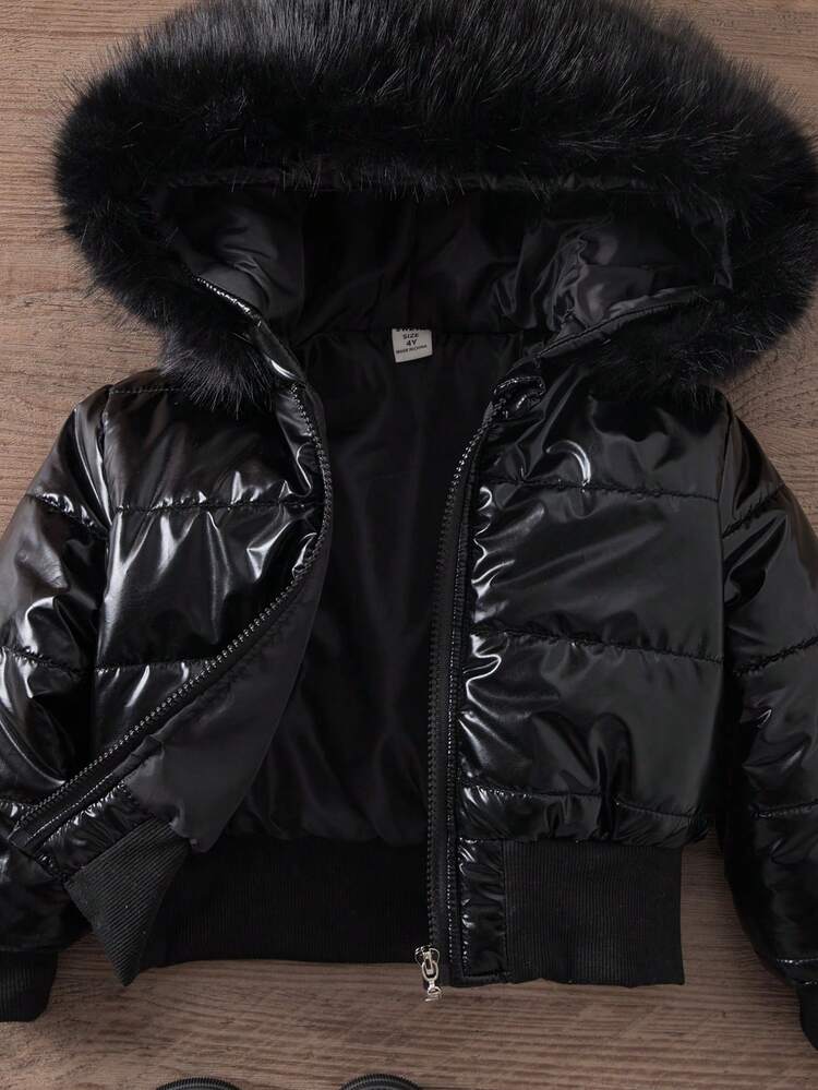 Young Girls Black Hooded Thick High Waist Ribbed Fitted Fashionable Padded Coat, Casual Versatile Outerwear For Autumn/Winter Black Jacket For Kids Girls Black Jacket Kids Bomber Jacket - Black - View 7