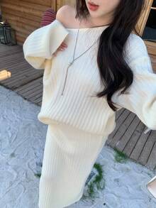 DAZY 女士优雅针织毛衣半裙两件套，适合秋冬季、新年、圣诞节、婚礼等场合。 - 米色 - 查看 10