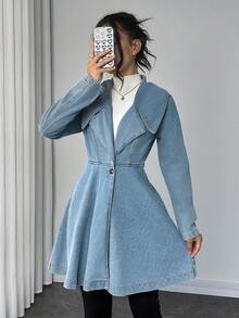 Elenzga Women's Light Blue Long Sleeve Ruffle Hem Fitted Denim Jacket - Blue - View 3