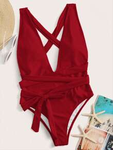 Swim Lushoire 2025 超低胸高衩连体泳衣 - 紅色 - 查看 3