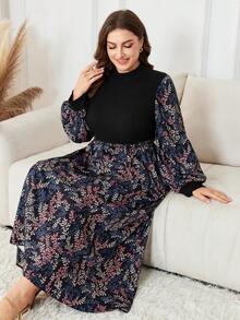 Lacomfia 印花拼接抓绒针织腰部休闲加大码女装连衣裙 - 彩色 - 查看 6