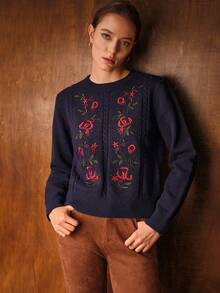 MOTF PREMIUM 复古花卉刺绣女士麻花针织毛衣，秋冬季 - 藏蓝色 - 查看 6
