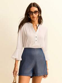 Daynim Solid High Waist Shorts - Blue - View 6