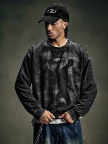 AXEPEAK 男士标准休闲圆领套头卫衣，黑色酸洗，秋冬季，长袖上衣 - 黑色 - 查看 3