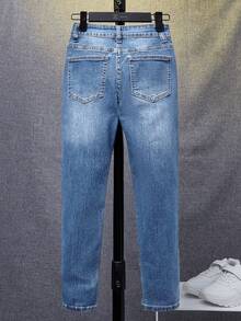 SHEIN Tween Boys' Solid Color Casual Skinny Fit Distressed Denim Jeans, Suitable For Spring/Summer - Light Wash - View 4