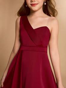 Elegantes Blumen Mädchen-Kleid für Abschluss, Hochzeit, Ball, geeignet für Halloween, Weihnachten, burgunderrotes Satinkleid mit einem Schulterträger, Schleife, rückenfreiem Rücken und Midi-Länge für Tween Mädchen, asymmetrischer Saum, aufgeblähter Prinzessinnen-Stil für den Schulanfang - Bordeaux - Übersicht 8