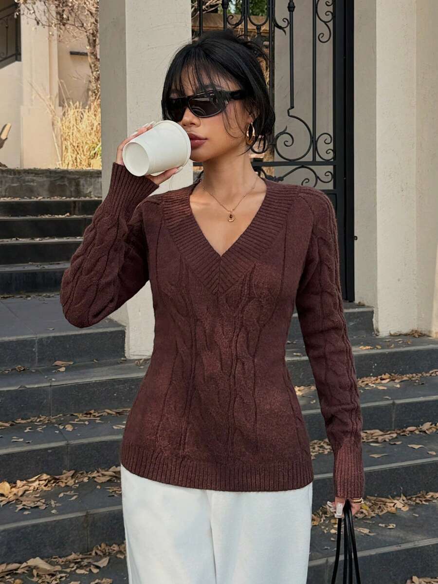 Lunelith SHEIN Lunessa تصميم جديد كنزة صوفية قصيرة بياقة على شكل حرف V مثيرة، باللون الرمادي، بأكمام طويلة مصنوعة من الأقمشة المحبوكة للنساء، للخريف