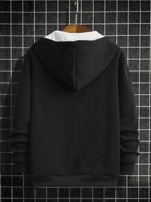 Manfinity Homme 男士休闲日常通勤时尚街头风连帽衫，字母印花，袋鼠口袋，半拉链设计，春秋季男士黑色连帽衫，套头衫，休闲男士连帽衫，长袖上衣 - 黑與白 - 查看 2