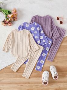 SHEIN Playful Pals 6件套可爱女童春秋季罗纹面料蝴蝶结印花/蝴蝶结满印/纯色玫红色长袖弧形下摆T恤和修身长裤休闲时尚套装 - 紫色 - 查看 2