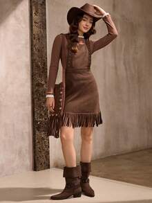 Wildy 休闲复古美式风格女士秋冬日常基本款铆钉流苏无袖吊带迷你连衣裙