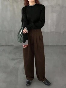FRIFUL 女士撞色高领落肩长袖宽松休闲套头毛衣，秋季百搭 - 黑色 - 查看 2