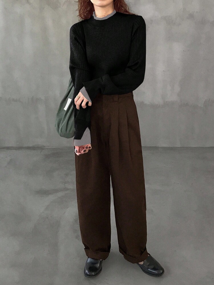 FRIFUL 女士撞色高领落肩长袖宽松休闲套头毛衣，秋季百搭 - 黑色 - 查看 2