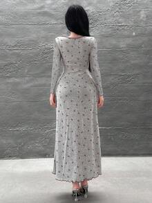 Feyla 女士蝴蝶结印花长袖休闲中长连衣裙 - 酒紅色 - 查看 5