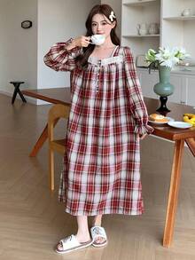 DAZY Women's Sweet Plaid Ruffle Hem Nightgown, Autumn/Winter, Moo Moo Night Dress - Red - View 7