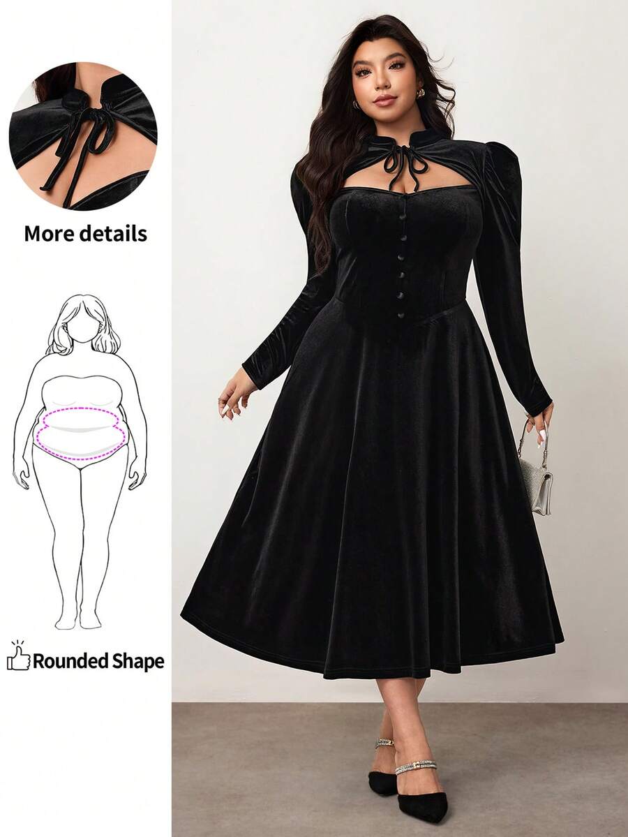 Enliva 加大码丝绒羊腿袖连衣裙，立领，蝴蝶结，秋冬/圣诞节女士优雅派对礼服，适合圆润身材，苹果型身材亦可驾驭，情人节、爱情、礼物、浪漫、情人节快乐、2026、新年装扮/2026/新年 - 黑色 - 查看 1