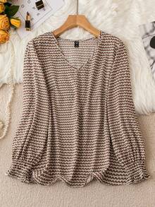 SHEIN CURVE+ Áo cánh tay dài cổ chữ V cỡ lớn dành cho nữ, đa năng và thon gọn, thích hợp mặc hàng ngày, đi làm, mặc thường ngày, mùa thu - Nhiều màu - Xem 1