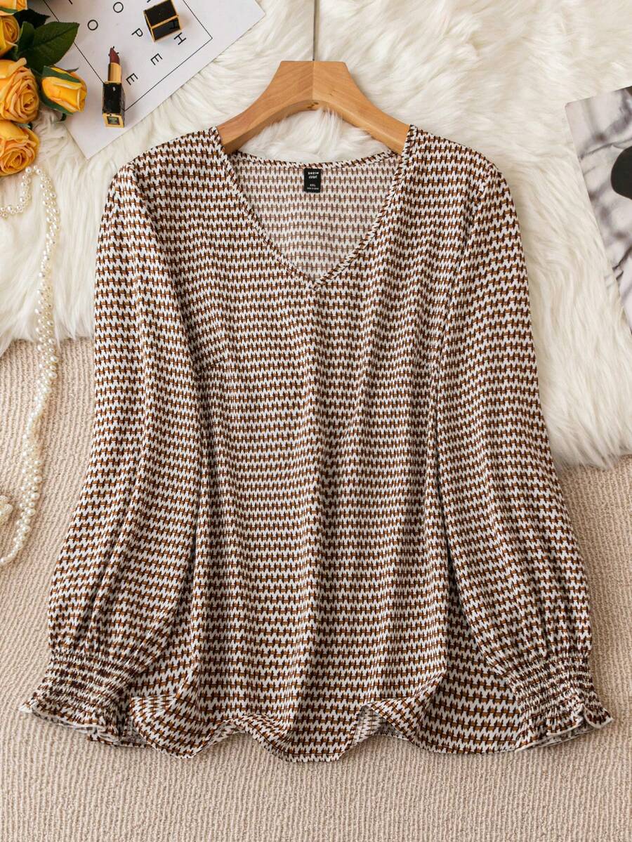 SHEIN CURVE+ Áo cánh tay dài cổ chữ V cỡ lớn dành cho nữ, đa năng và thon gọn, thích hợp mặc hàng ngày, đi làm, mặc thường ngày, mùa thu - Nhiều màu - Xem 1