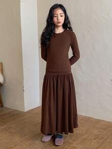 Dazy Kids 2pcs/Set Tween Girls Crew Neck Long Sleeve Knit Top And Skirt Outfit, Fall - Brown - View 4