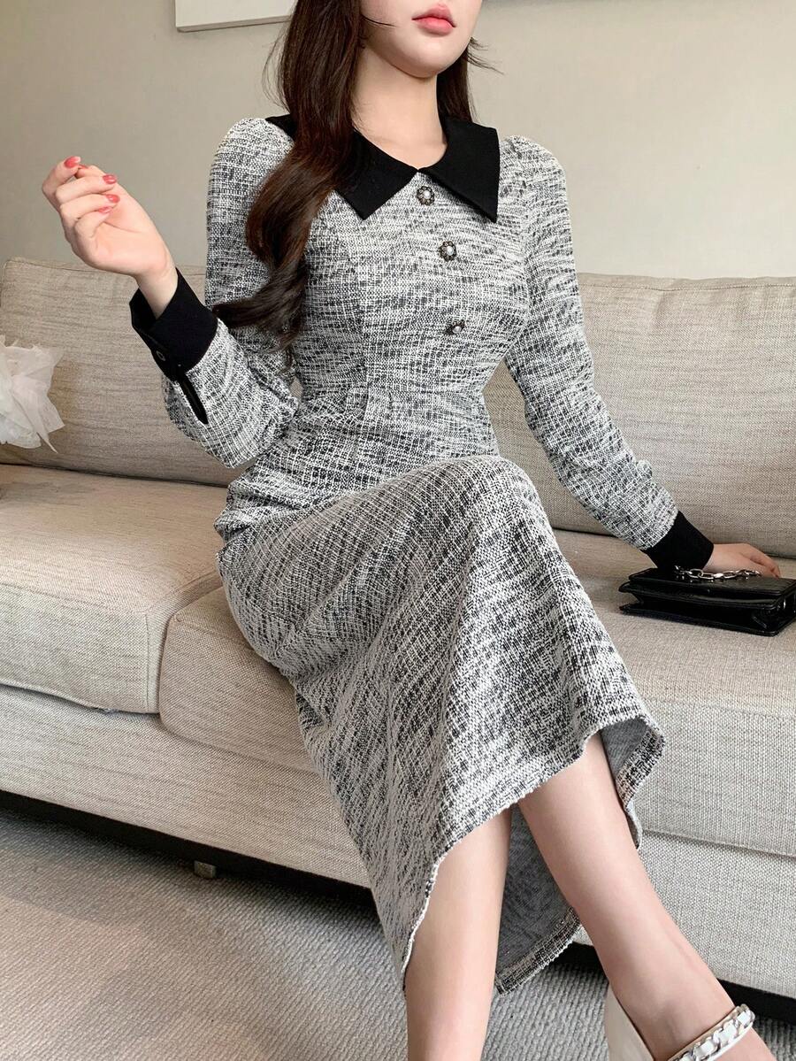 DAZY Váy dài vừa phải cổ bẻ phối màu thanh lịch dành cho nữ, mùa thu - Xám - Xem 1