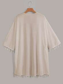 Swim Basics Women's Solid Color Fringe Sleeve Loose Kimono Cover Up, Suitable For Vacation - Khaki - View 2