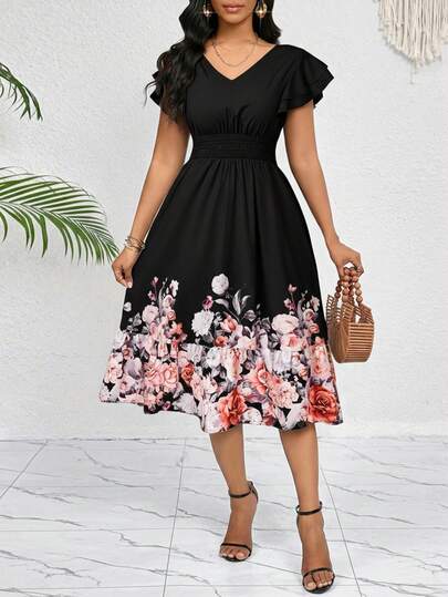 SHEIN Lady 女士优雅印花中长连衣裙，夏季