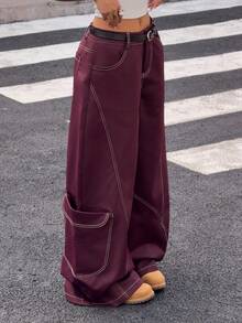 Muchica 感恩节酒红色梭织阔腿裤，女士款，撞色滚边，时尚百搭 - 酒紅色 - 查看 5