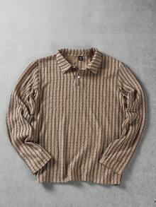 Manfinity Homme 卡其色竖条纹男士长袖Polo衫 - 卡其色 - 查看 4