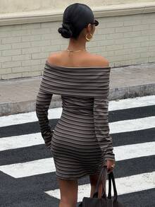 Muchica Women's Off-Shoulder Long Sleeve Fitted Striped Dress
