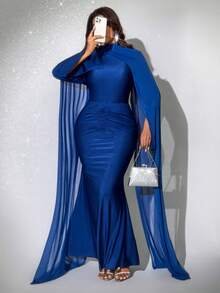 Viva Relle Robe de fête longue à manches longues, col châle, ajustée avec ourlet queue de poisson, pour femmes grande taille. Robe de soirée élégante pour femmes, robe de cérémonie, robe de fête pour femmes. - bleu indigo - Voir 5