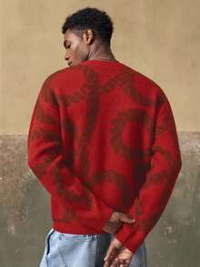 AKNOTIC Men's Casual Fashion - Loose Button-Up Cardigan Sweater - Contrast Jacquard Pattern - Machine Washable Or Dry Clean - Suitable For Autumn/Winter - Red - View 5