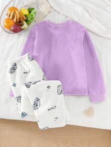 Girls' Purple Fluffy Crew Neck Long Sleeve Top Paired With Cute Koala Print White Fleece Pants, Reversible Flannel Soft & Warm 2 Pieces Pajama Set - Mauve Purple - View 2