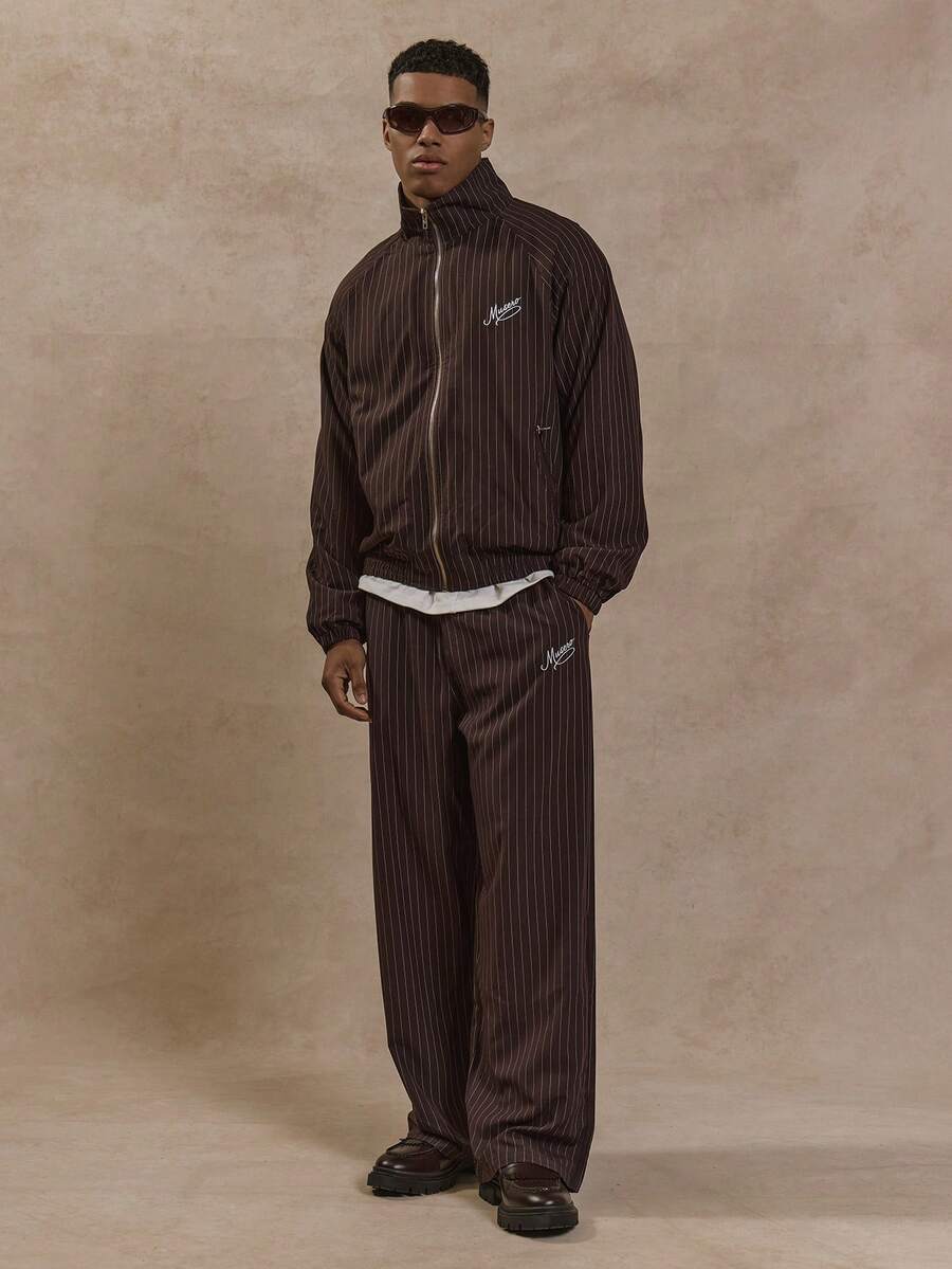 Musero Pinstripe Baggy Wide Leg Elasticated Waistband Embroidery Branded Detailing PREMIUM Tracksuit Bottom Pants SPRING SUMMER Trouser - Multicolor - View 1