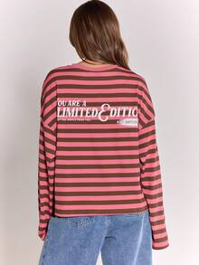 MUSERA 超大款长袖条纹印花标语T恤 Y2K酷女孩街头风日常休闲秋季可爱舒适休闲假日春夏 - 彩色 - 查看 3