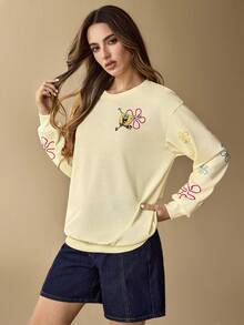 SpongeBob SquarePants | SHEIN Sudadera holgada con gráfico de dibujos animados lindos, adecuada para el uso diario en primavera y otoño - Albaricoque - Ver 6