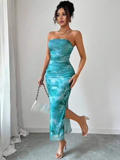 Rafferiza Váy ôm body ombre không dây dành cho nữ có chi tiết xếp ly và xẻ tà, hoàn hảo cho trang phục dự tiệc tối Maxi dành cho nữ