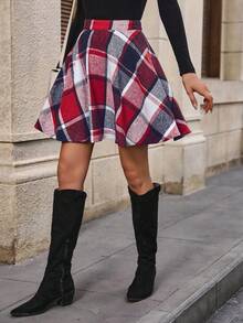 SHEIN LUNE 女士高腰格子印花休闲百搭半身裙 - 紅色 - 查看 4