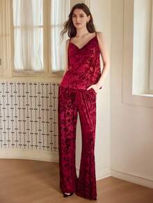 MOTF PREMIUM 提花垂坠吊带上衣和裤子睡衣套装 - 紅色 - 查看 4