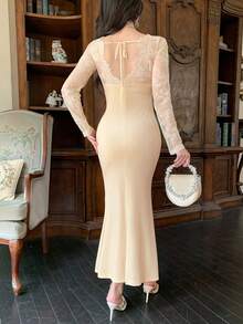 DAZY Vestido de media longitud con forro térmico, encaje y parches, estilo de cola de pez para mujer en otoño - Beis - Ver 2