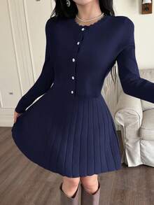 Feyla 女士宽松针织连衣裙和开衫两件套，秋冬毛衣连衣裙套装 - 藏蓝色 - 查看 6