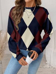 SHEIN LUNE 休闲简约格纹菱形印花图案圆领宽松女式卫衣 - 彩色 - 查看 3