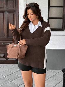 Easura كنزة صوفية كاجوال فضفاضة بياقة على شكل V وألوان متباينة للنساء، شتوي - قهوة بني - مشاهدة 6