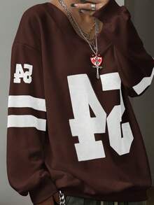 SHEIN HypeZone 女式运动街头撞色数字针织运动衫 - 咖啡棕 - 查看 3