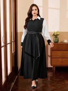 SHEIN Clasi Đầm sơ mi dài tay kiểu Pháp dáng dài màu sắc cổ điển sang trọng, cỡ lớn - màu đen - Xem 5