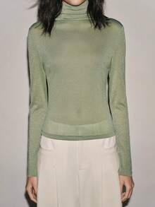 Lumivelle 女士针织透视网眼高领修身打底T恤 - 綠色 - 查看 4